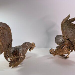 Vtg Silver Tone Metal Fighting Rooster Pair Figurines
